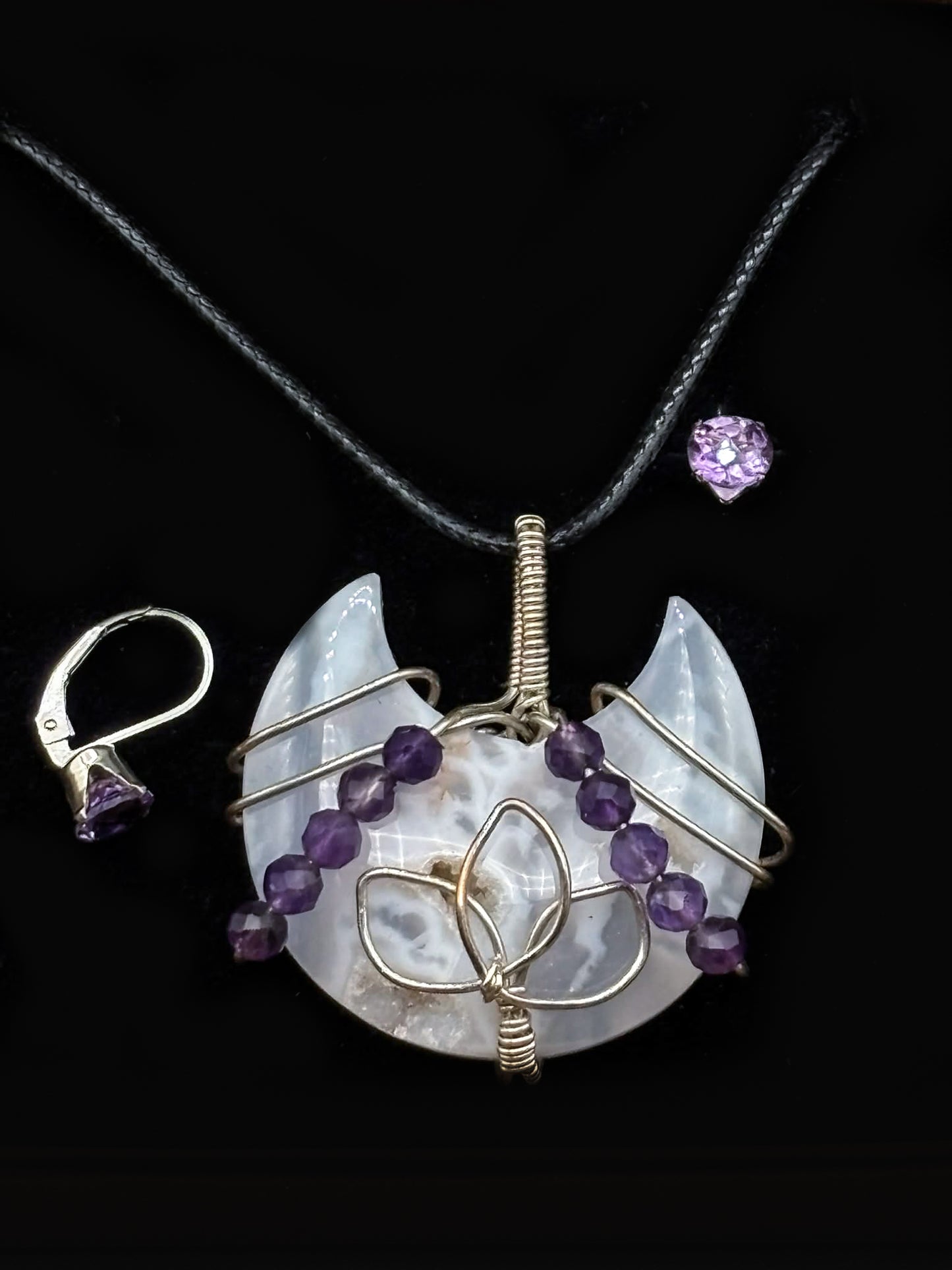Druzy Quartz Moon with Amethyst accents with matching earrings