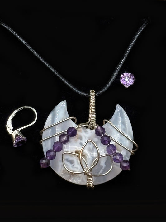 Druzy Quartz Moon with Amethyst accents with matching earrings