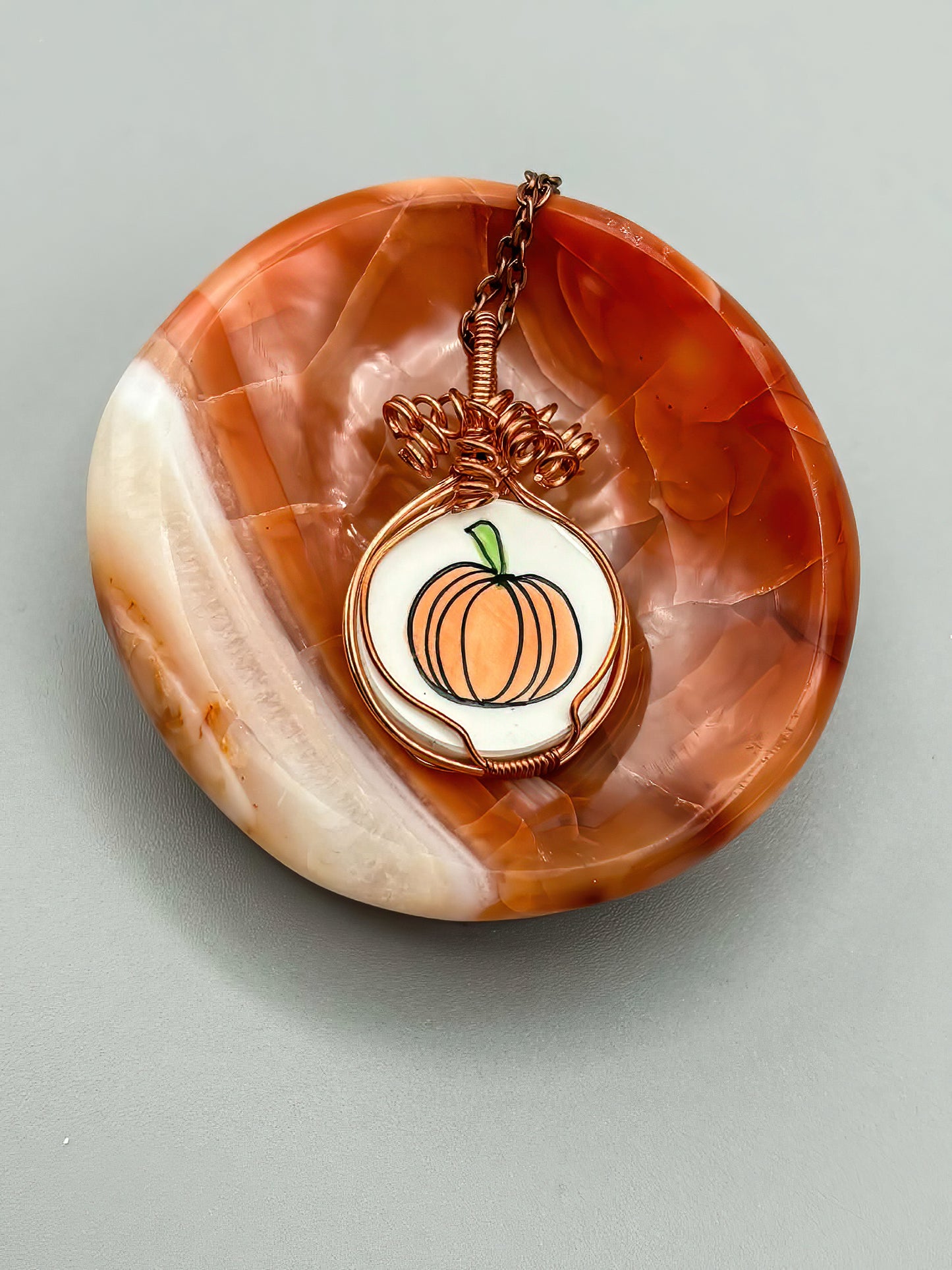 Porcelain Pumpkin Wrapped in Fine Copper Wire, includes copper chain