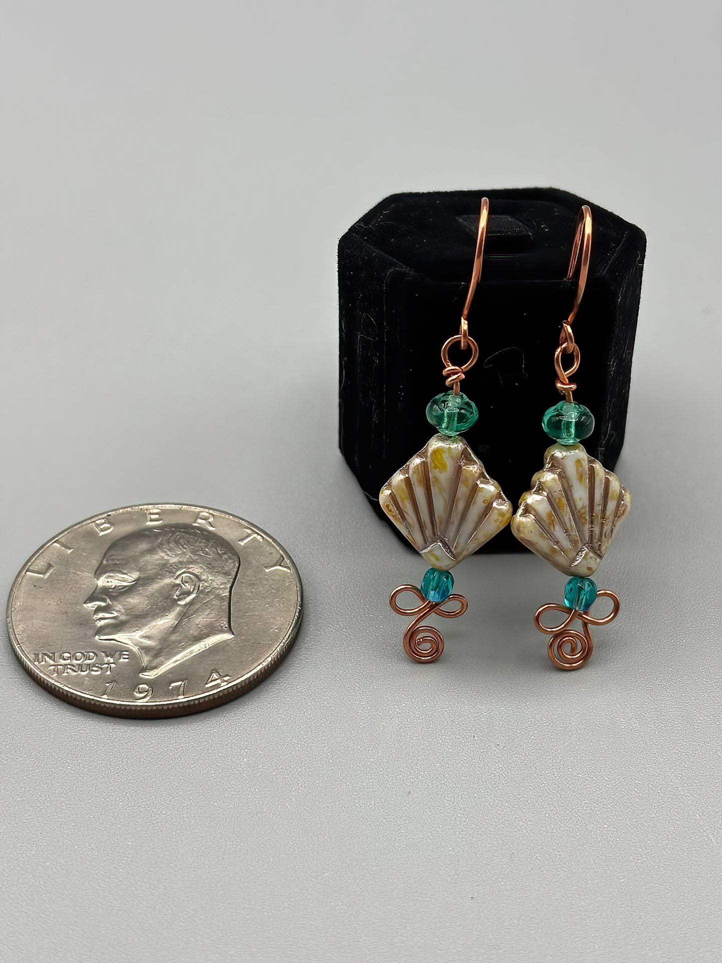 Cream and Teal Czech Glass Earrings in fine copper