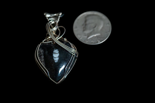 Fossil in basalt wrapped in .925 sterling silver wire