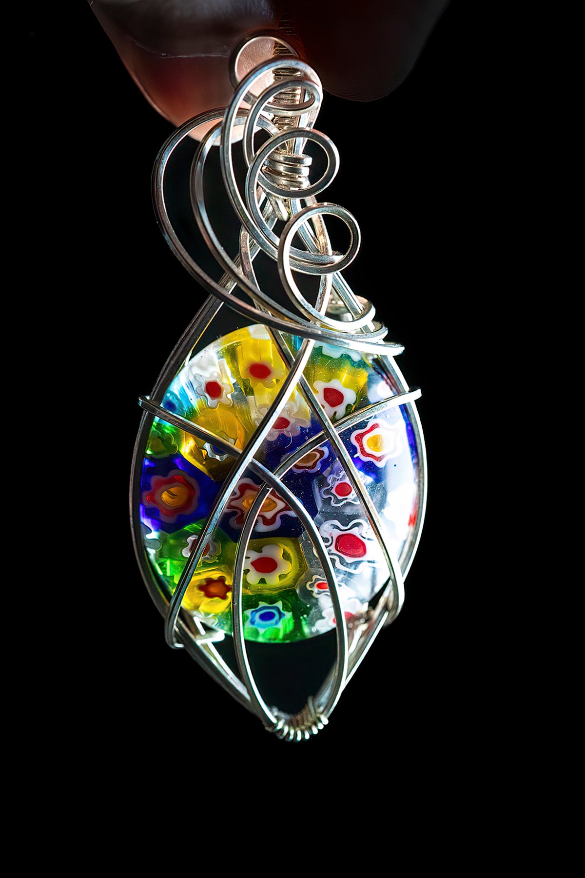 Multi color Millefiori Glass in Sterling Silver