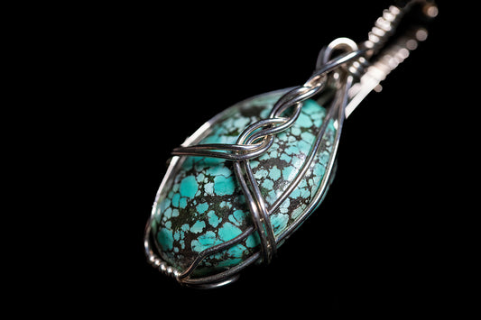 Minimalist Silver Wrapped Pendant with Tibetan Turquoise