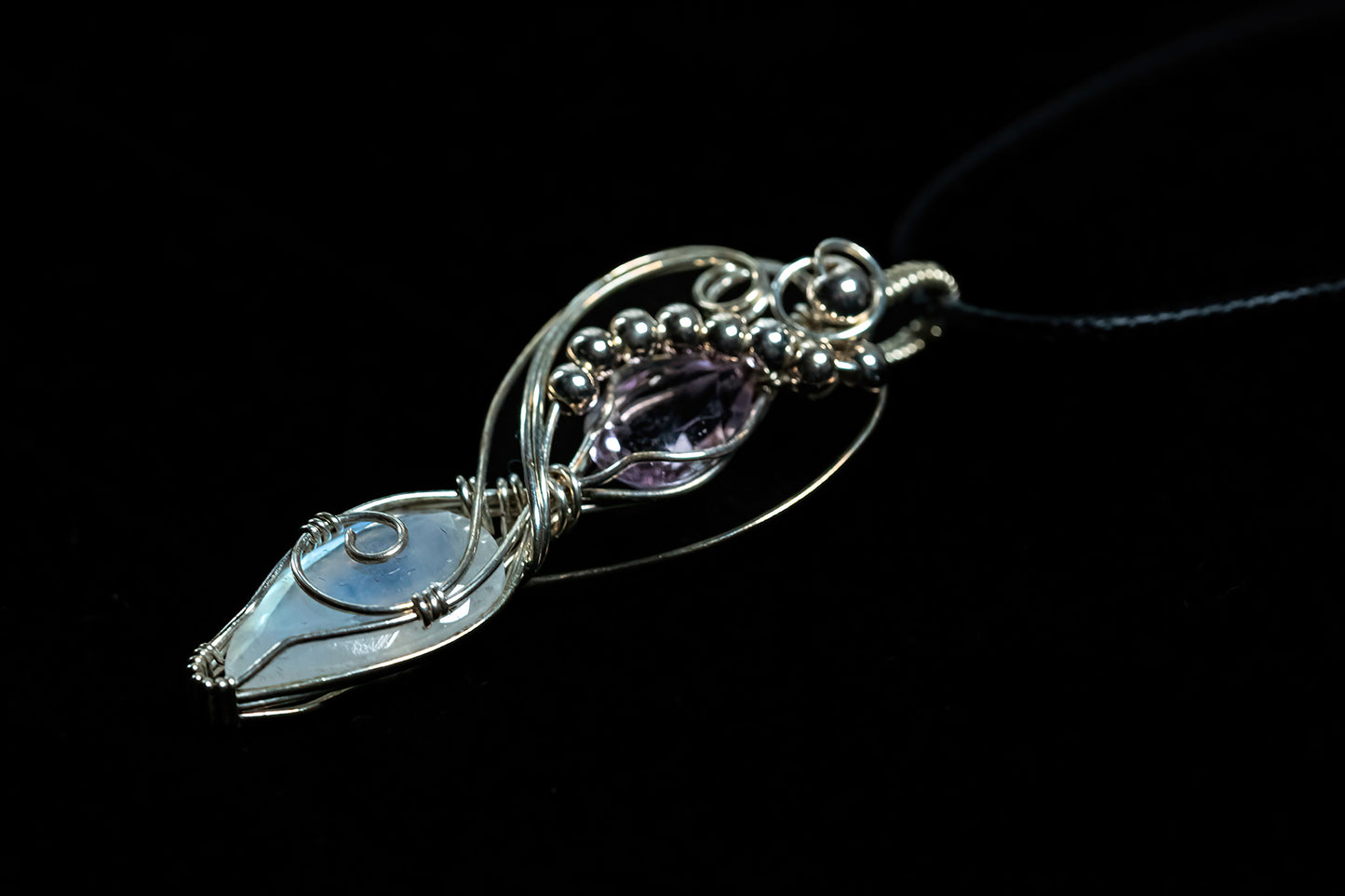 Teardrop Faceted Moonstone and Amethyst Accent in .925 Sterling Silver
