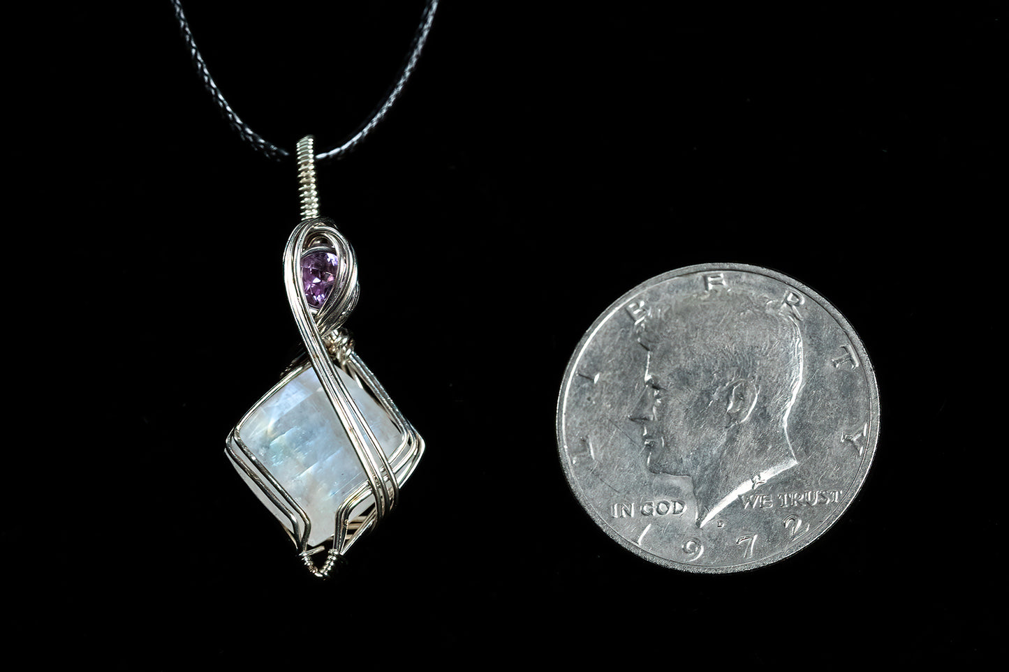 Gorgeous Blue Flash Moonstone Facet With Faceted Amethyst Accent in Sterling Silver