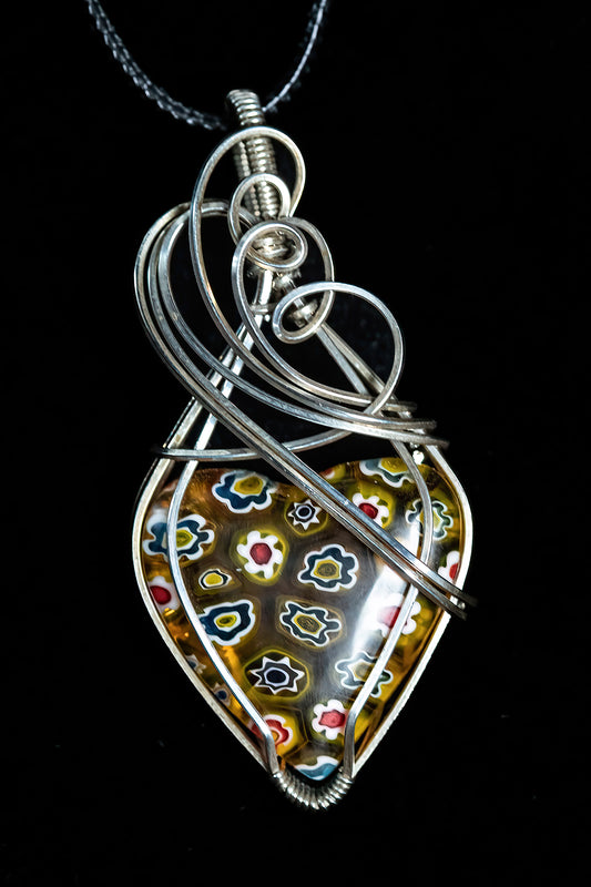 Bright Yellow Italian Millefiori Heart Shape Glass set in Sterling Silver