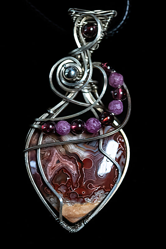 Crazy Lace Agate Heart with Garnet and Ruby Accents in Argentium Silver