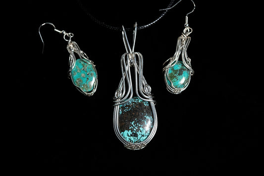 Tibetan Turquoise Earring and Pendant Set in Sterling Silver