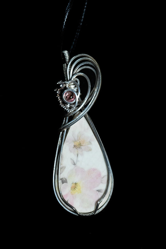 Vintage Pink Flower Porcelain Pendant with Pink Topaz accent in Sterling Silver
