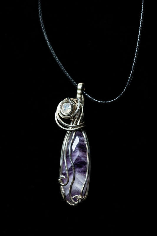Chevron Amethyst with Faceted Moonstone Accent wrapped in Sterling Silver