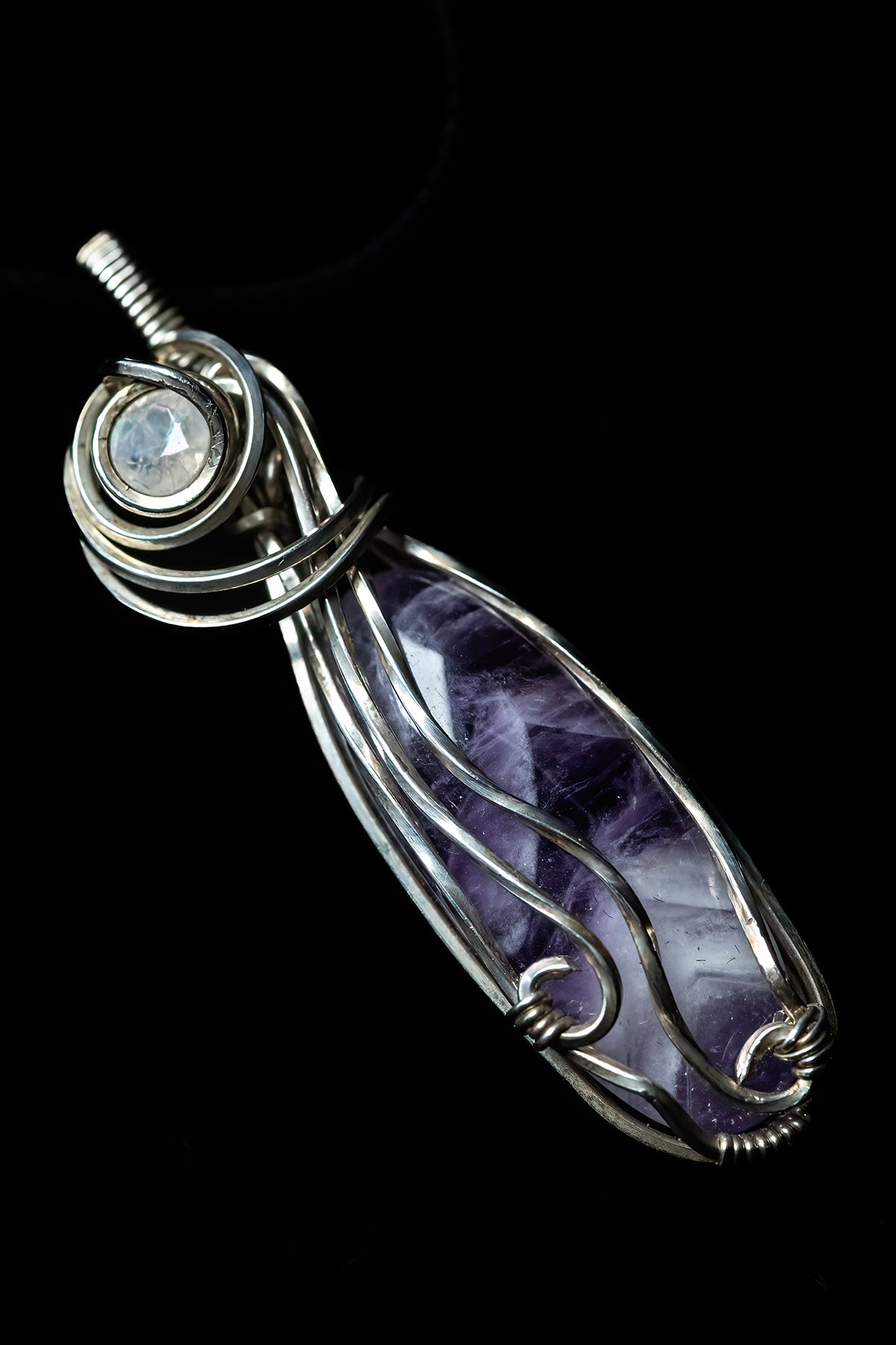 Chevron Amethyst with Faceted Moonstone Accent wrapped in Sterling Silver