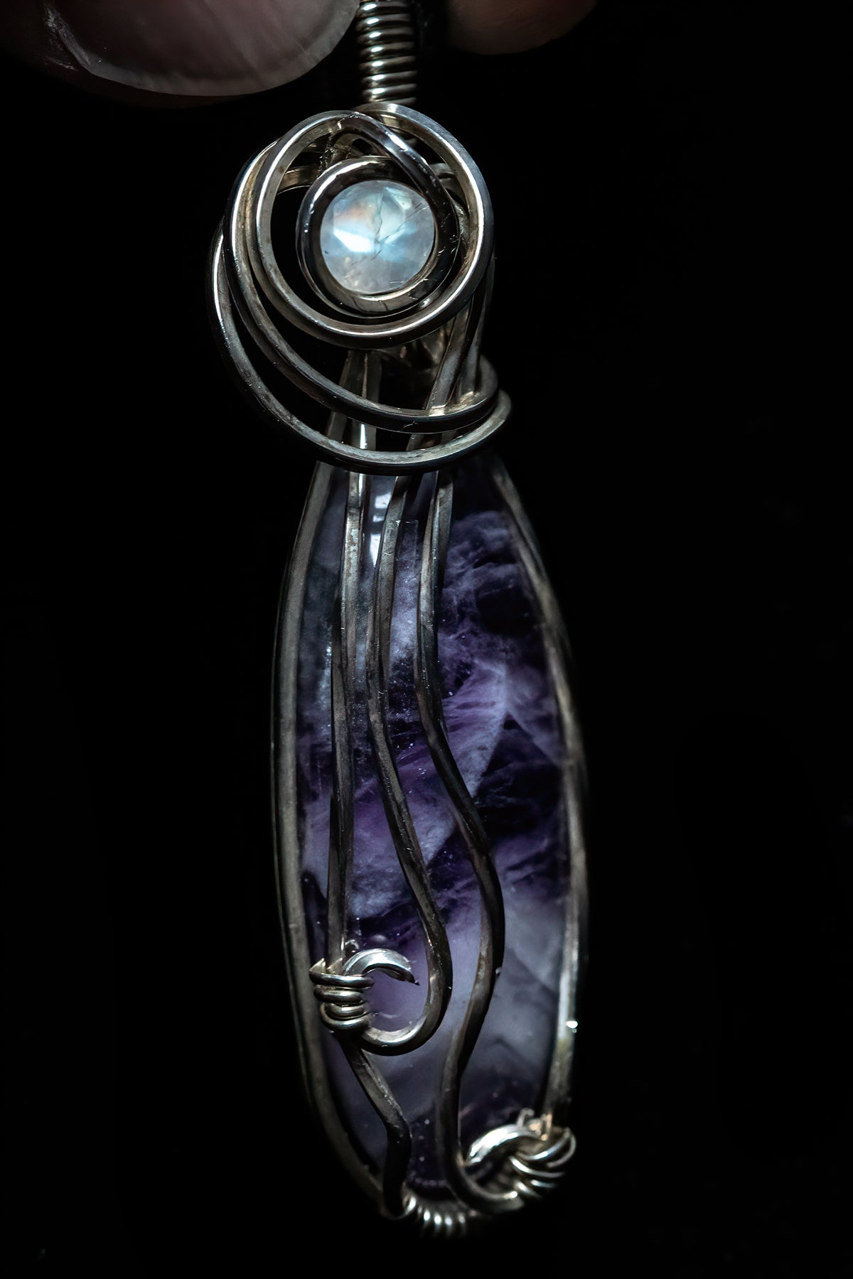 Chevron Amethyst with Faceted Moonstone Accent wrapped in Sterling Silver