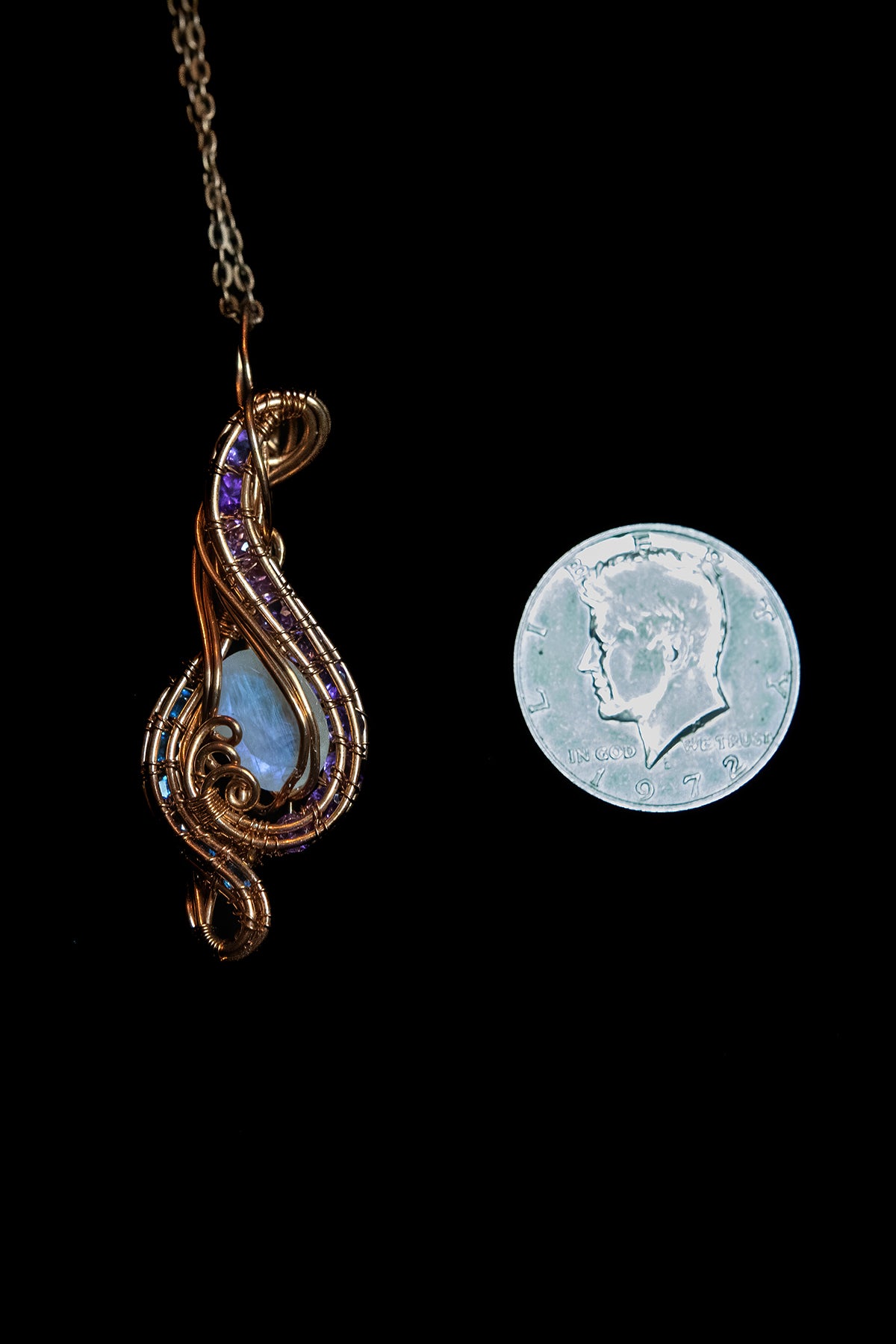 Blue Flash Faceted Moonstone with Apatite and Amethyst Facets in Fine Copper