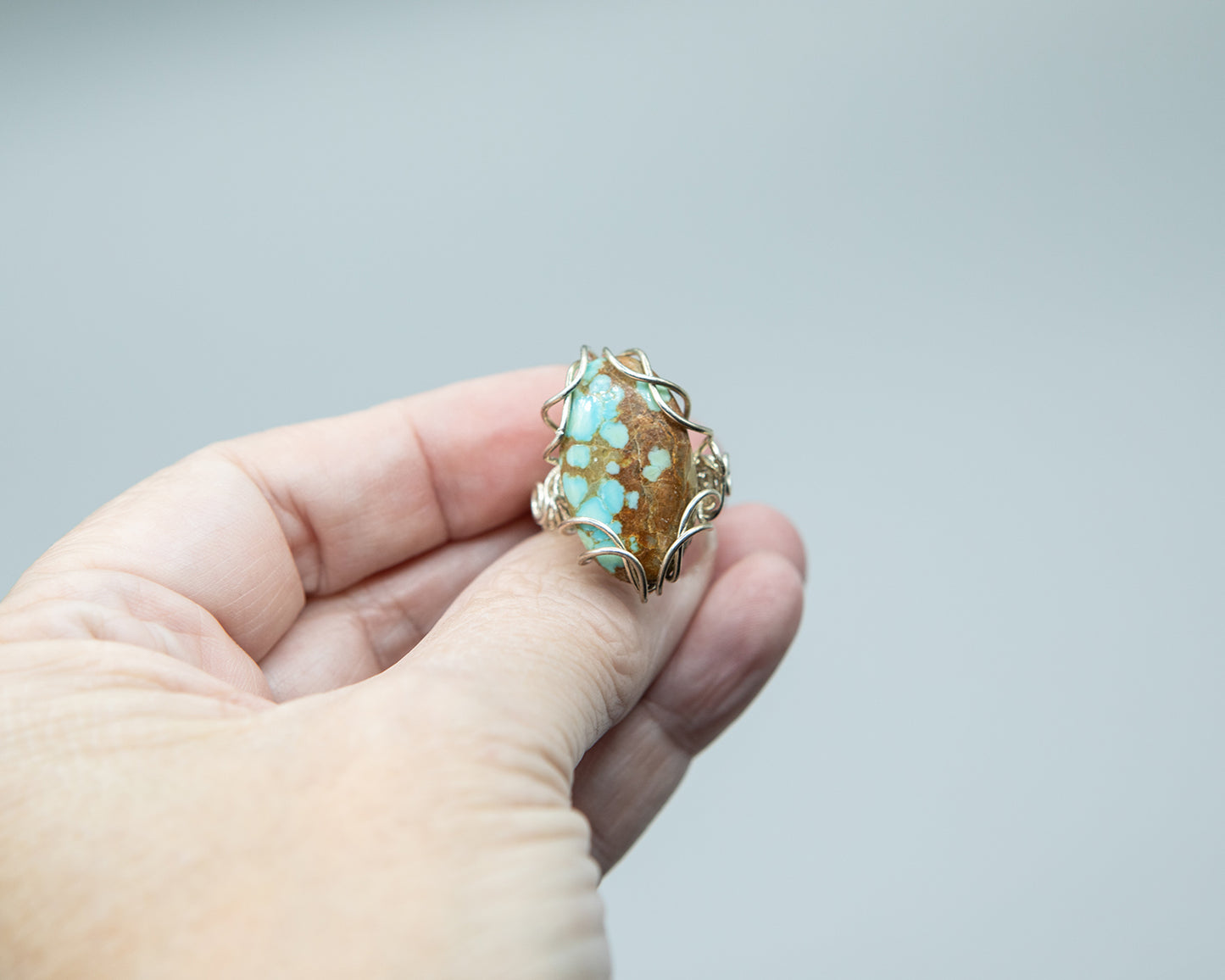 Statement Ring, Likely Indian Mountain Turquoise, Wrapped in Sterling Silver, Size 7.7