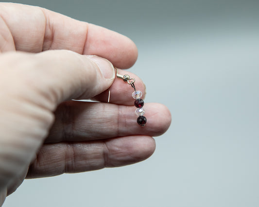 Garnet and clear crystal dangle earrings with sterling silver hooks