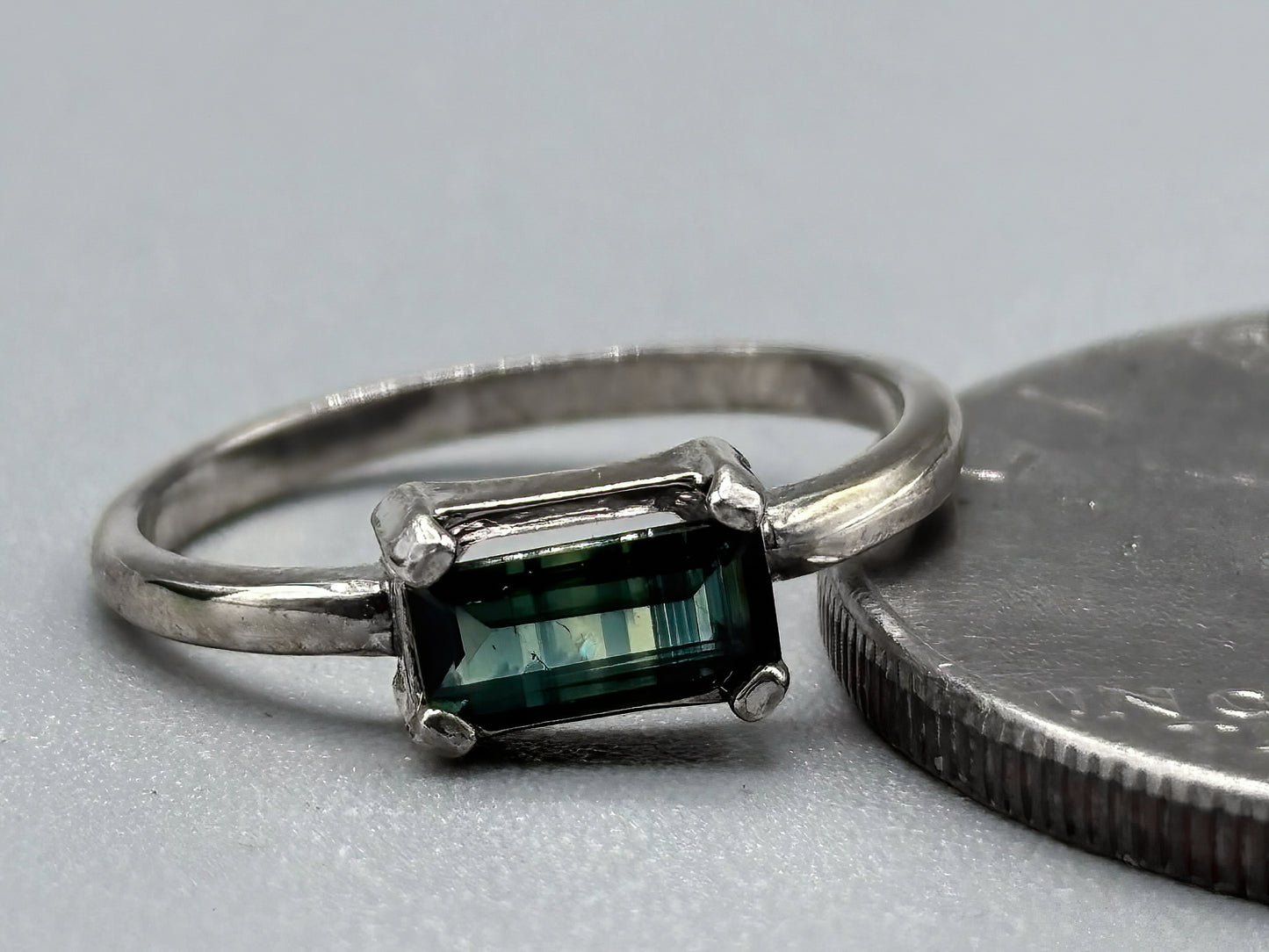 Rectangular Thai Parti Sapphire set in sterling silver band, size 7