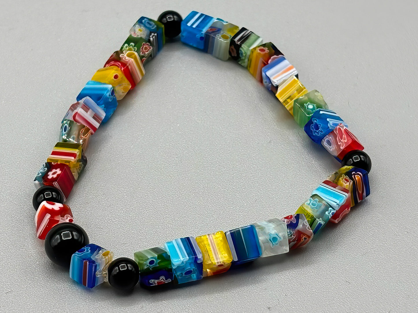Millefiori Glass Square Bead Bracelet 7 1/2 inches