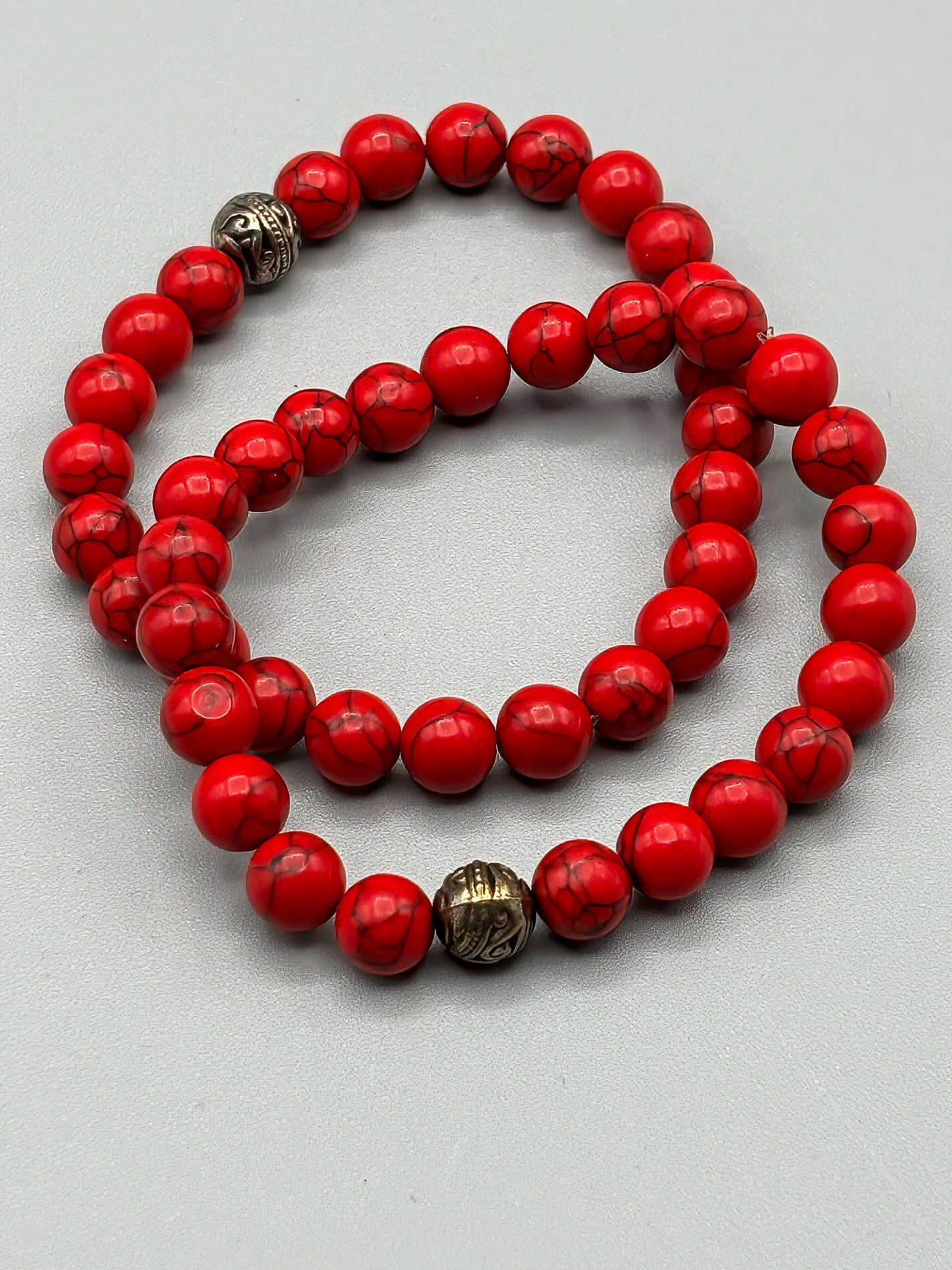Dyed Red Howlite Beaded Bracelets with Oxidized Sterling Silver Bead (one bracelet)