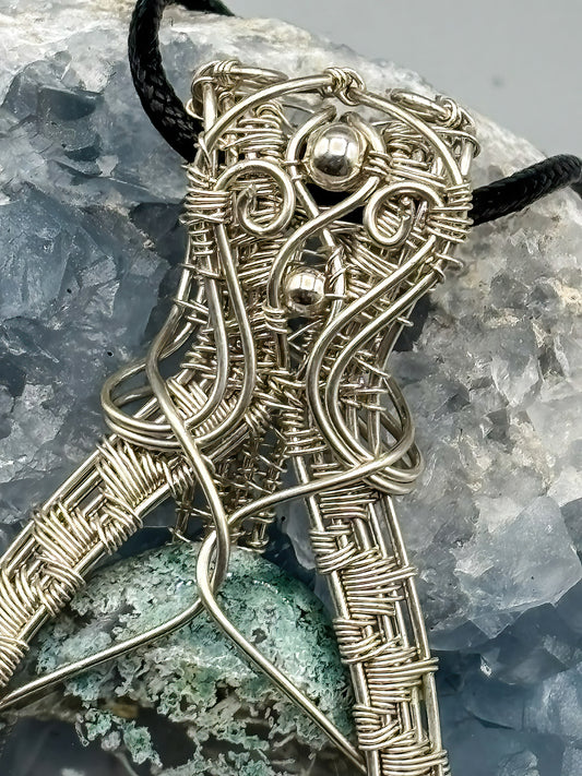 Large Moss Agate in Intricate Sterling Silver Wrap