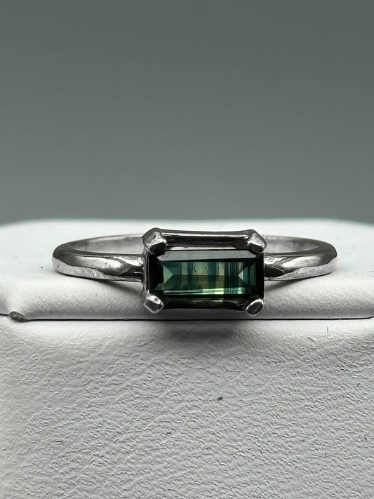 Rectangular Thai Parti Sapphire set in sterling silver band, size 7