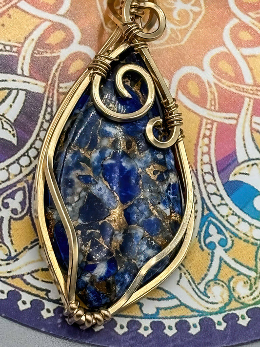 Blue Lapis Composite from Kingman Mine with Oregon Sunstone Accent Wrapped in 14K Gold Fill Wire