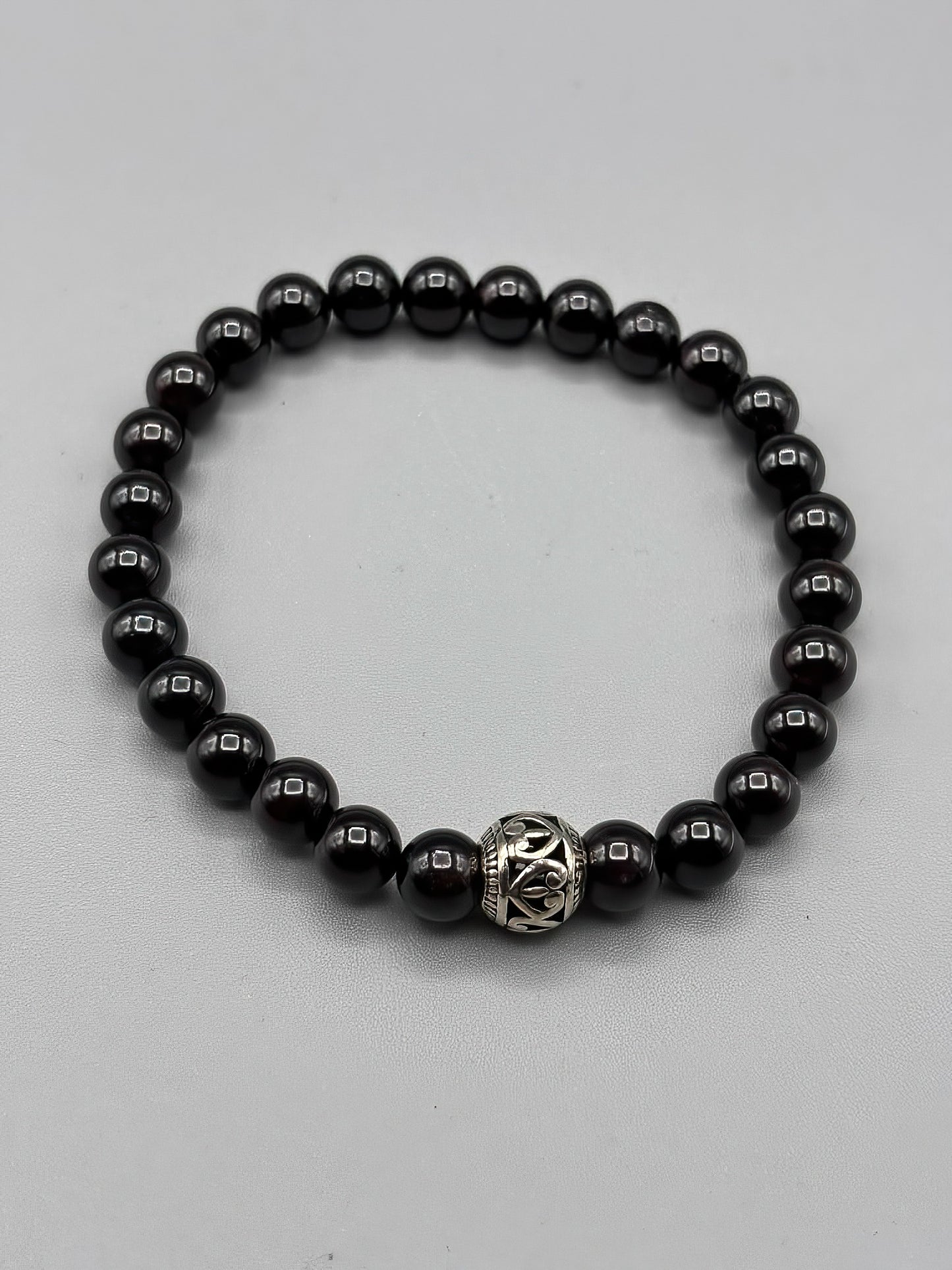 Dark Star Garnet and Tibetan Silver Beaded Bracelet 8 inches