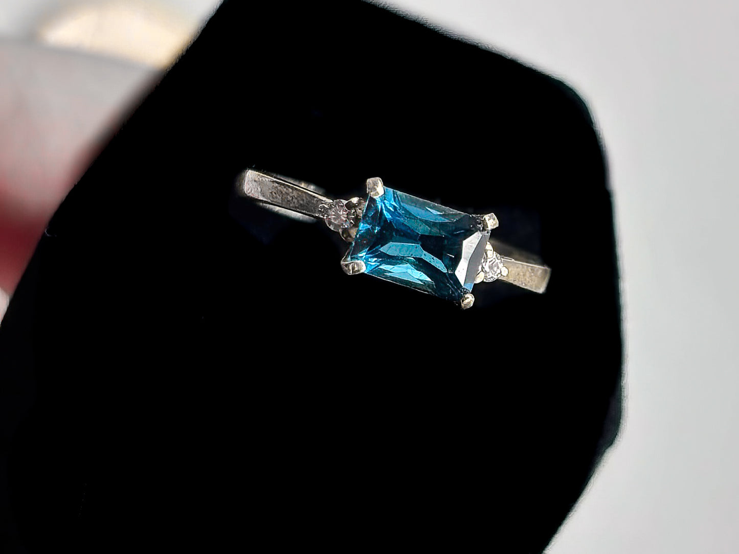 Rectangle London Blue Topaz and small CZ set in Sterling Silver, Size 6.5