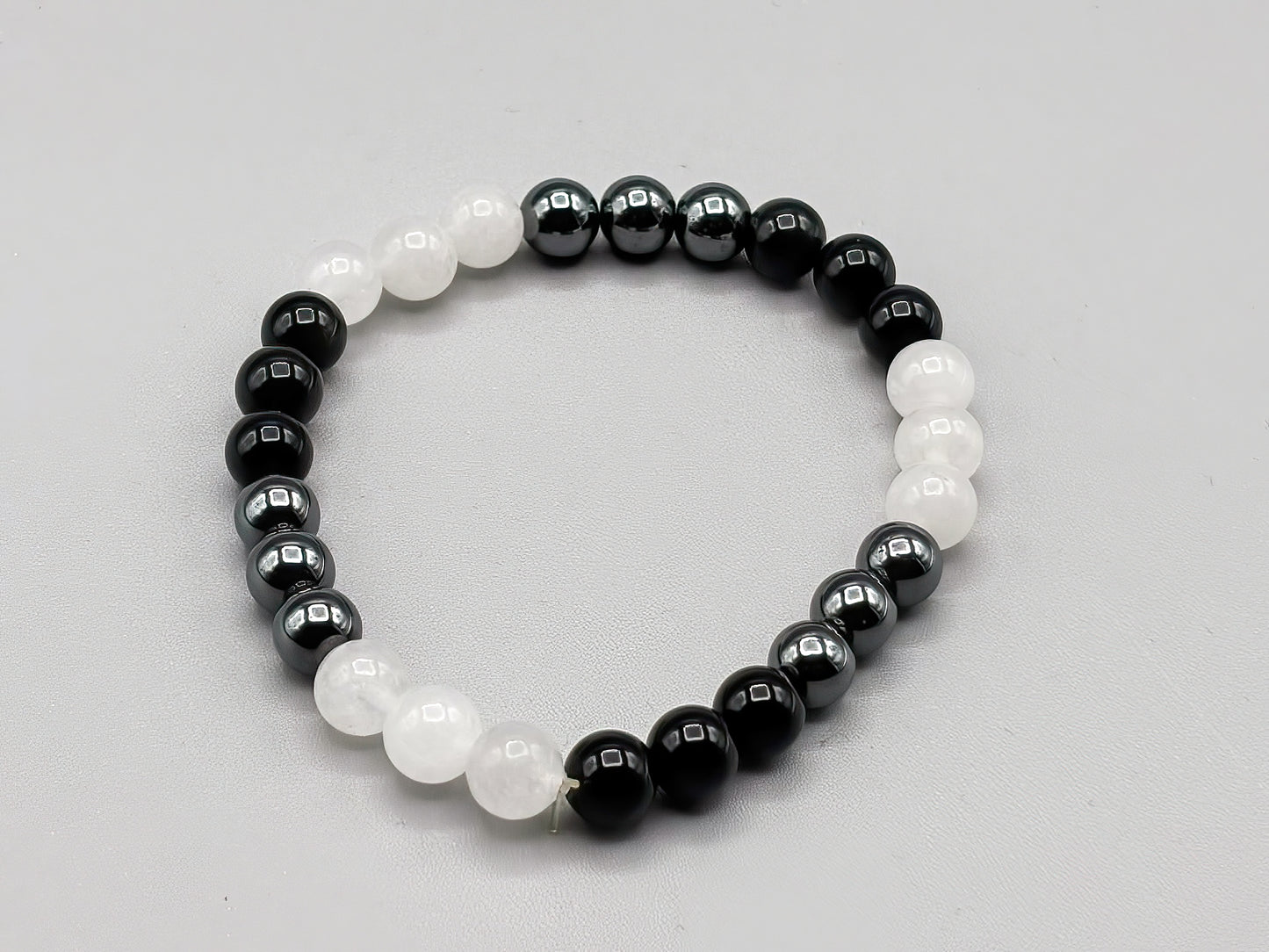 Triple Stone Protection Bracelet with Quartz, Hematite and Black Obsidian, size 7 3/4