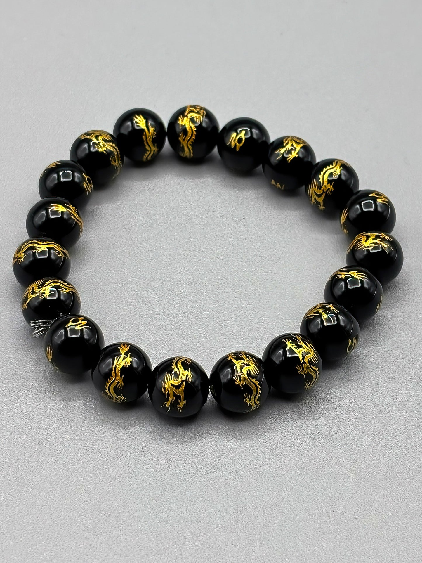 10mm Carved Black Onyx Beaded Bracelet