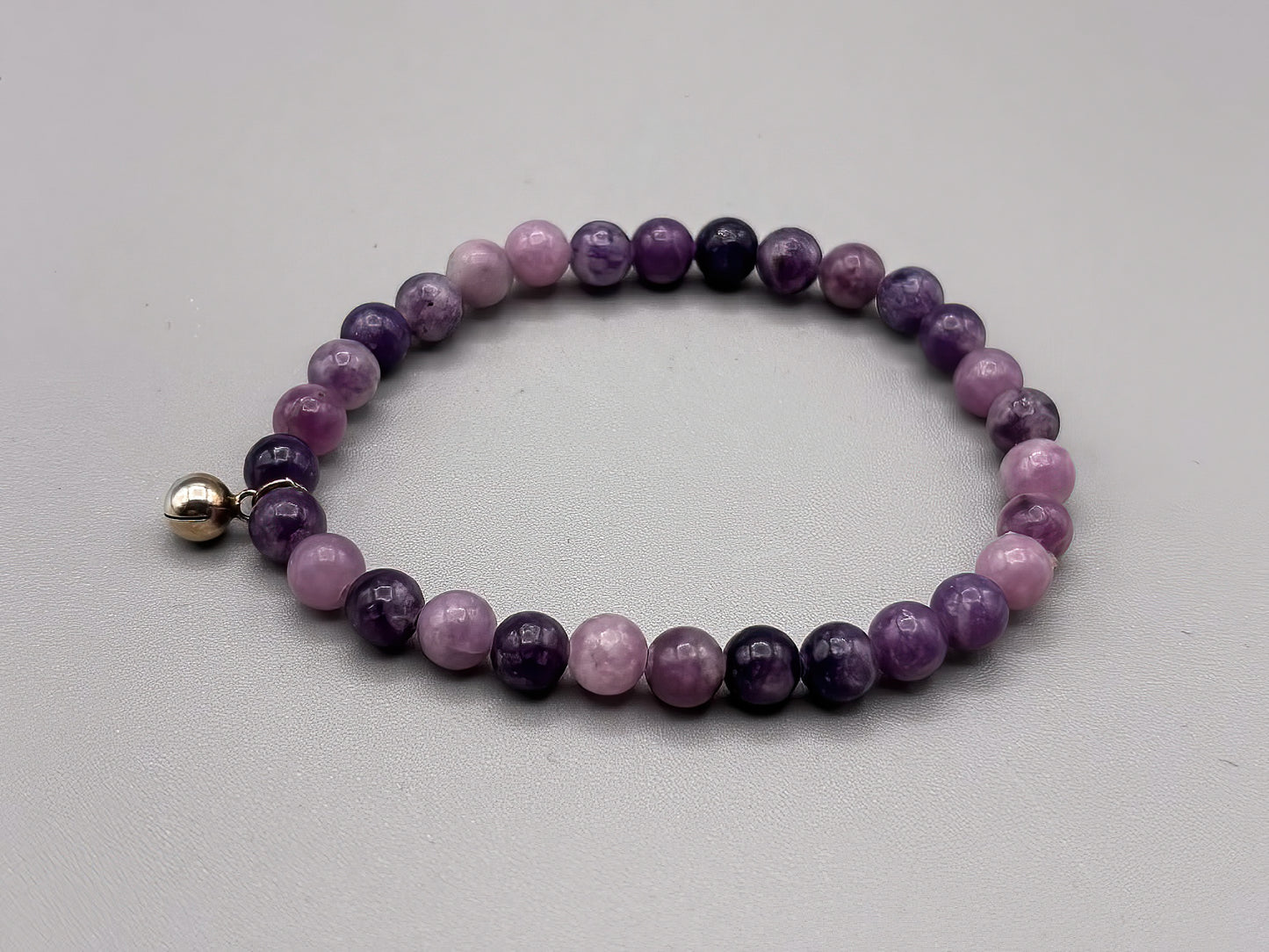 6mm Lepidolite Beaded Bracelet with Sterling silver chime charm, size 7 1/2 inch