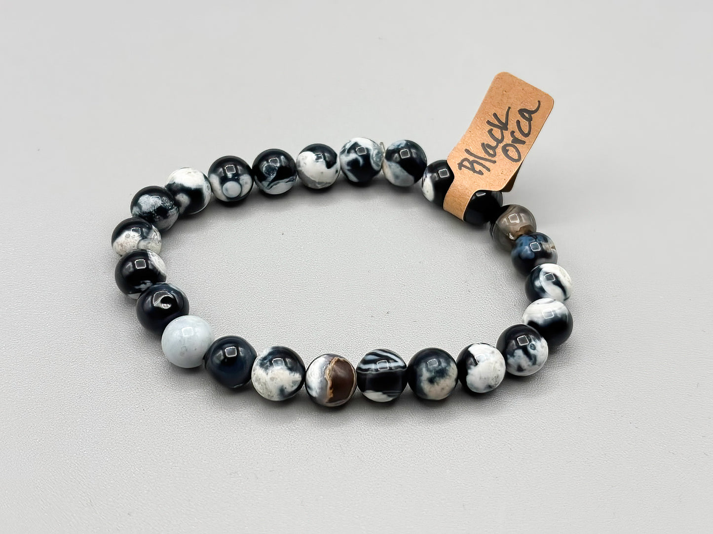 Black Orca Agate Beaded Bracelet 7 inches