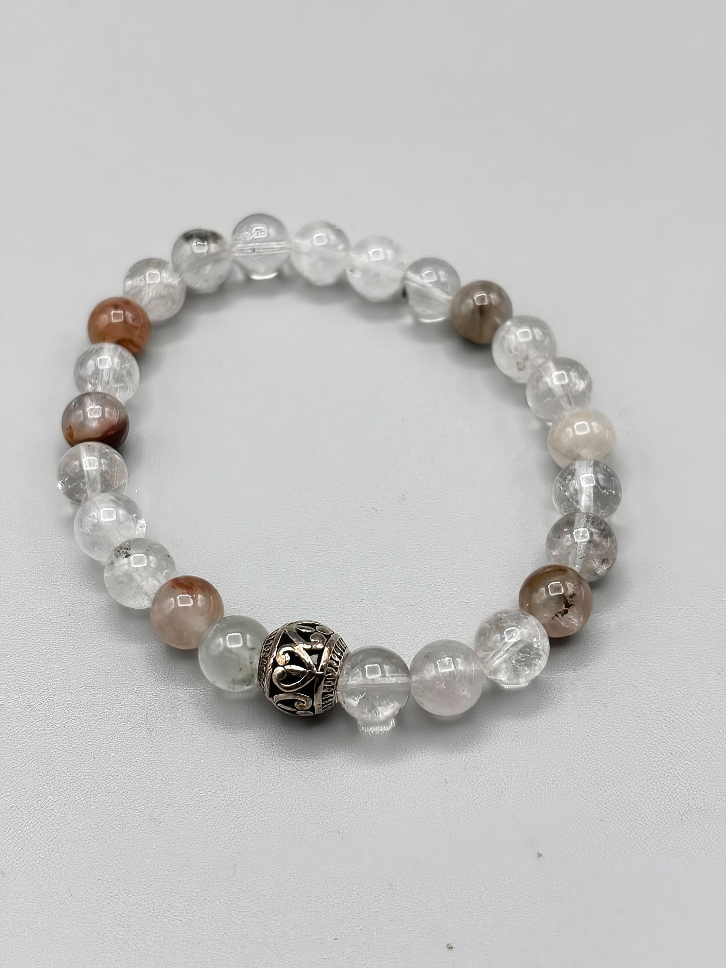 8mm Rutile Quartz and Tibetan Silver Beaded Bracelet size 7 3/4