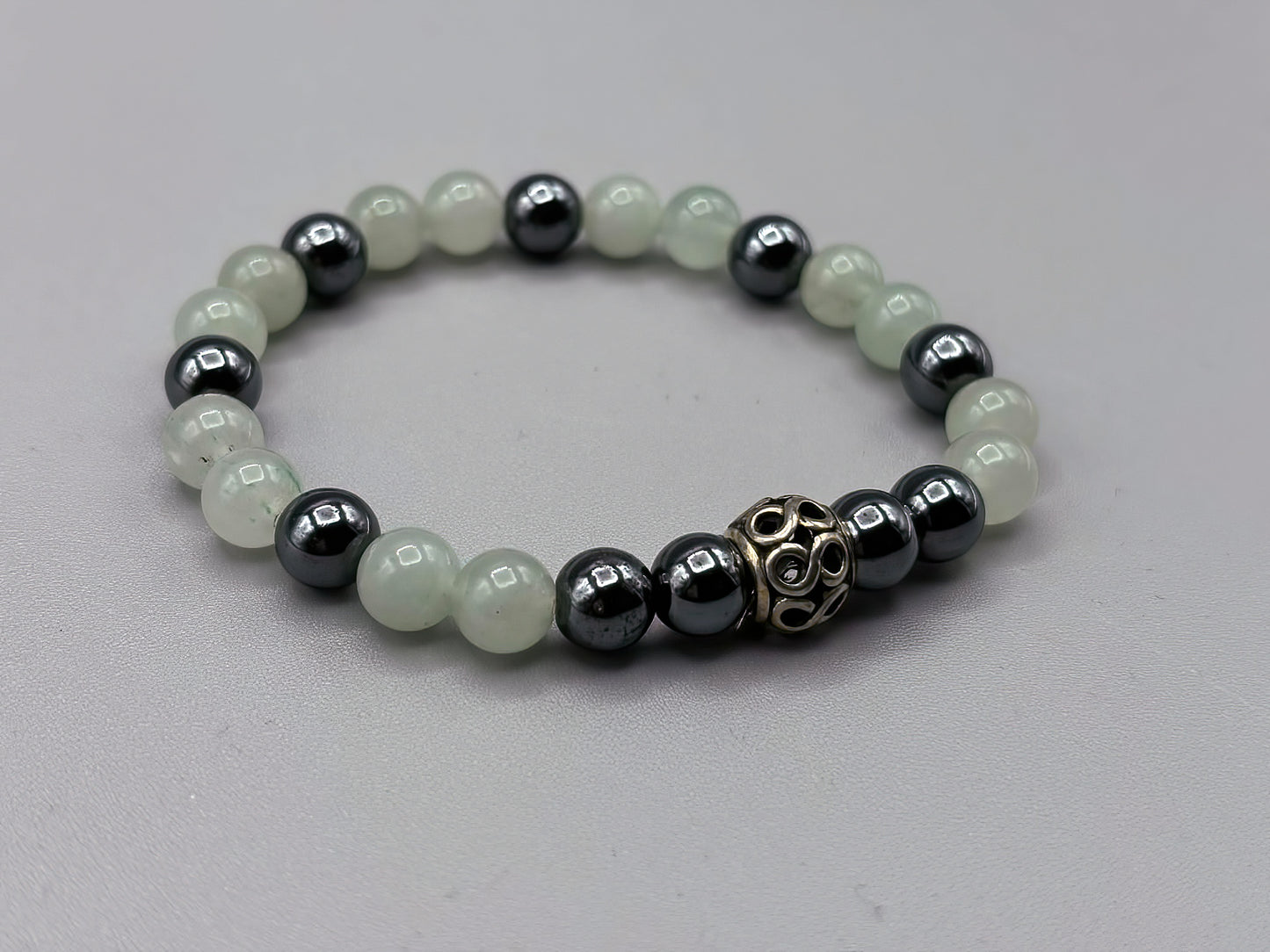 6 3/4 inch Jade, Hematite and Tibetan Silver Beaded Bracelet