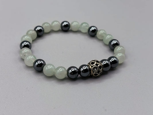 6 3/4 inch Jade, Hematite and Tibetan Silver Beaded Bracelet