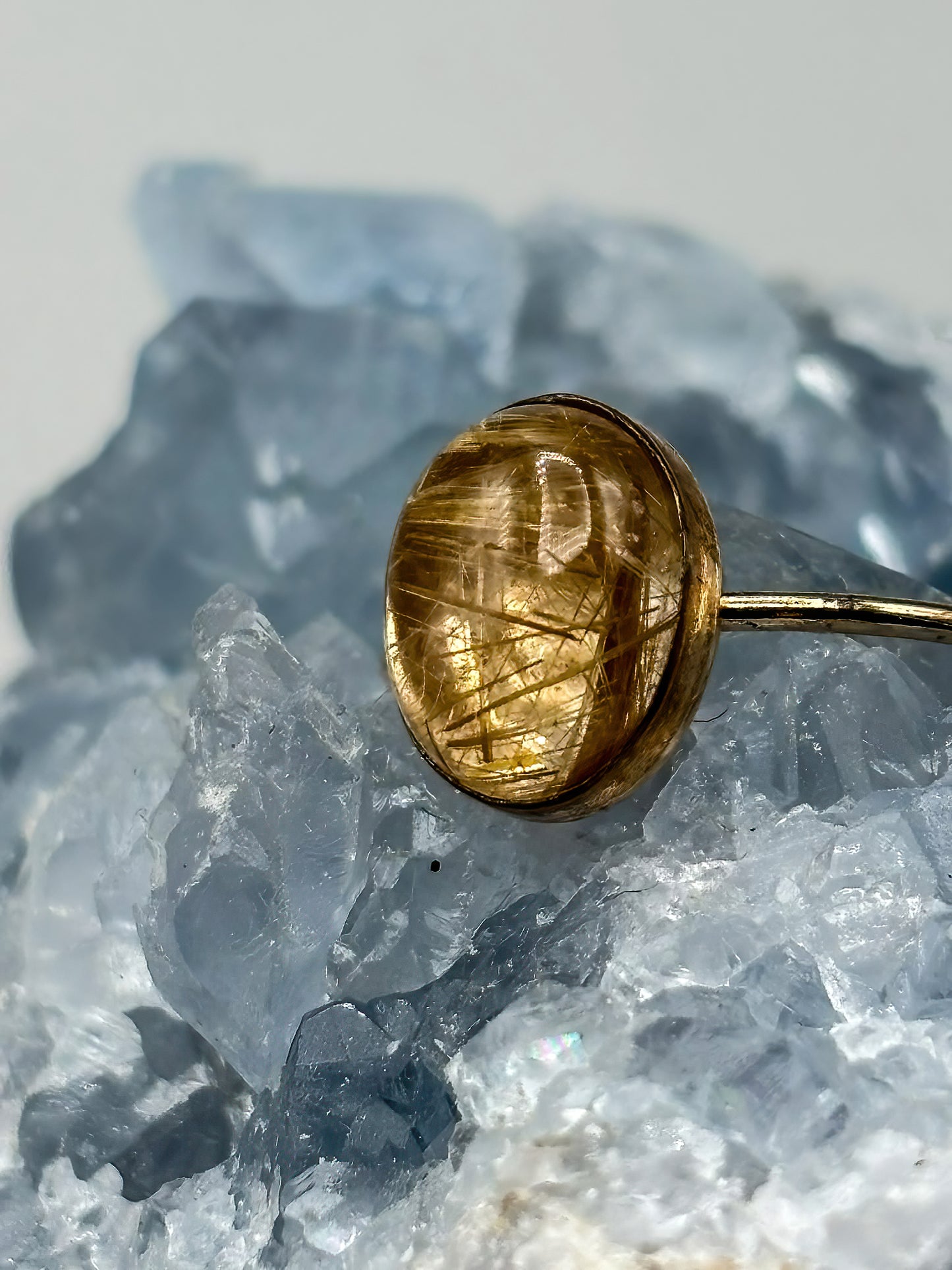 14K gold filled ring set with Rutilated Quartz Cabochon, Size 6