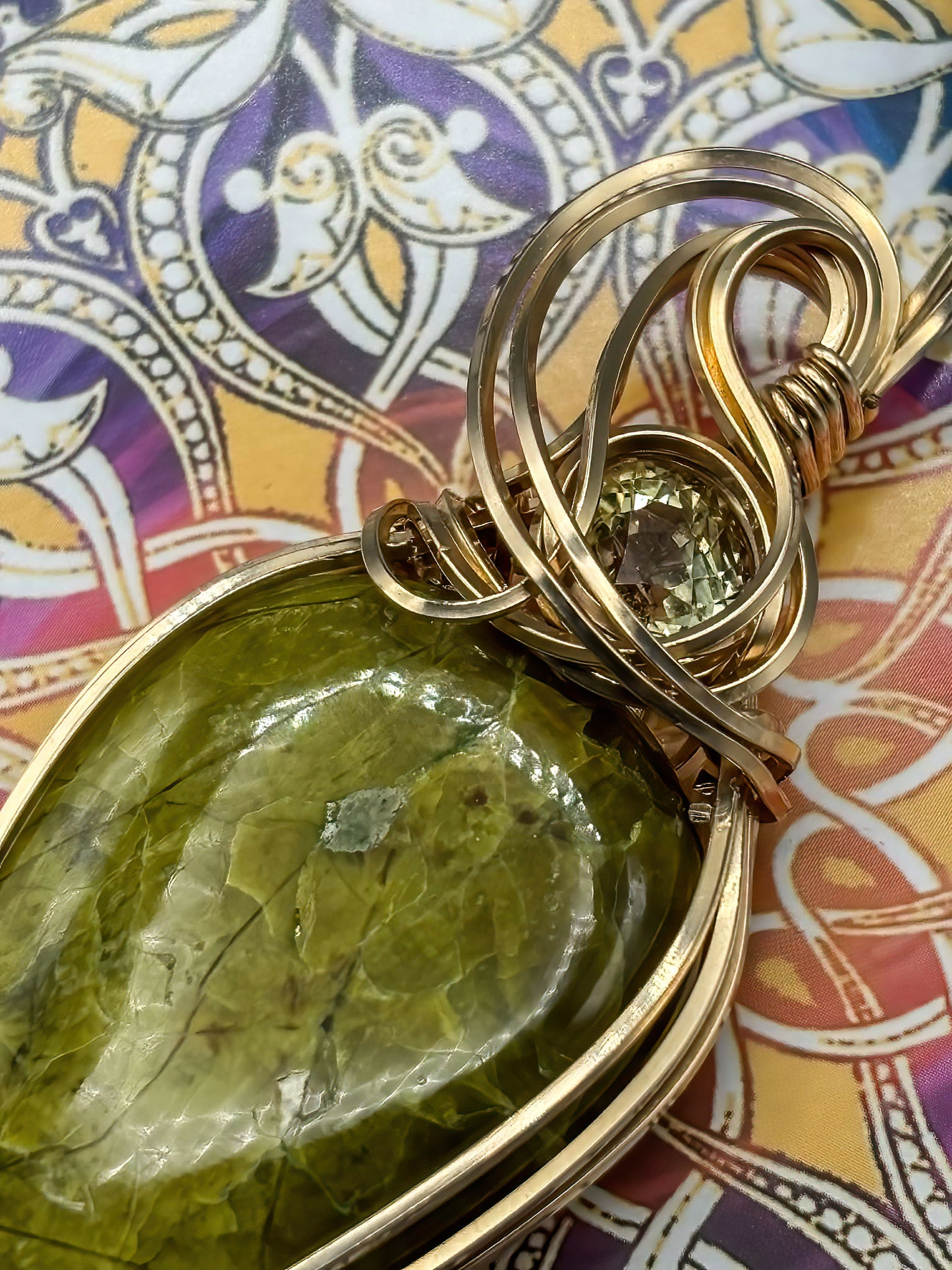 Green Opal with Yellow Apatite Accent wrapped in 14K gold filled wire