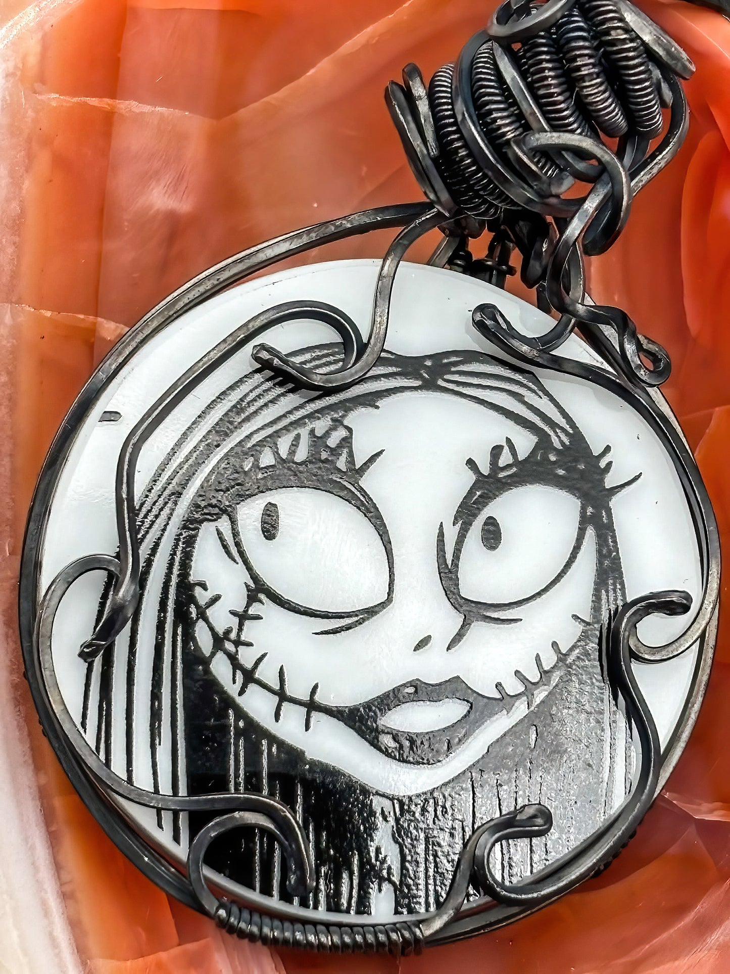 Porcelain Plate Cabochon Wrapped in Oxidized Copper