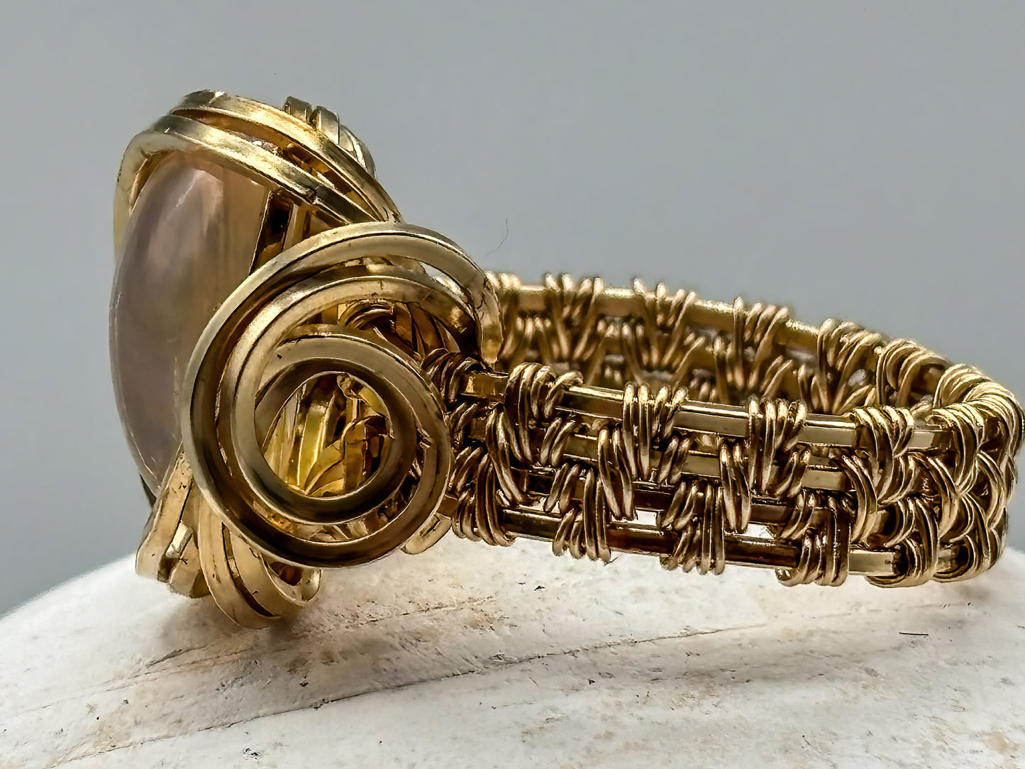 Gorgeous Clear Opal with Multi Color Flash wrapped in 14K gold filled wire, Size 6