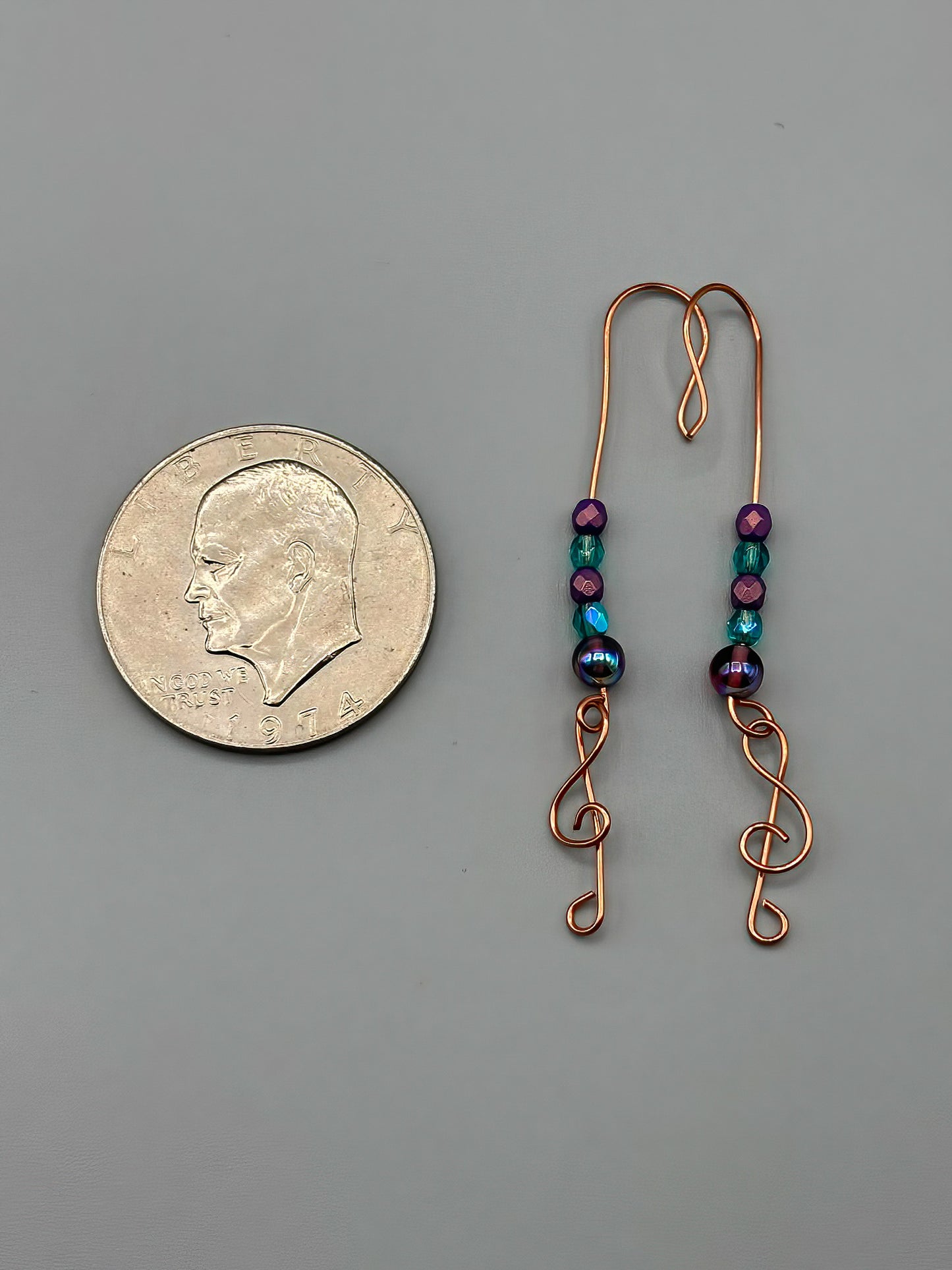 Blue and Teal Treble Earrings in Fine Copper
