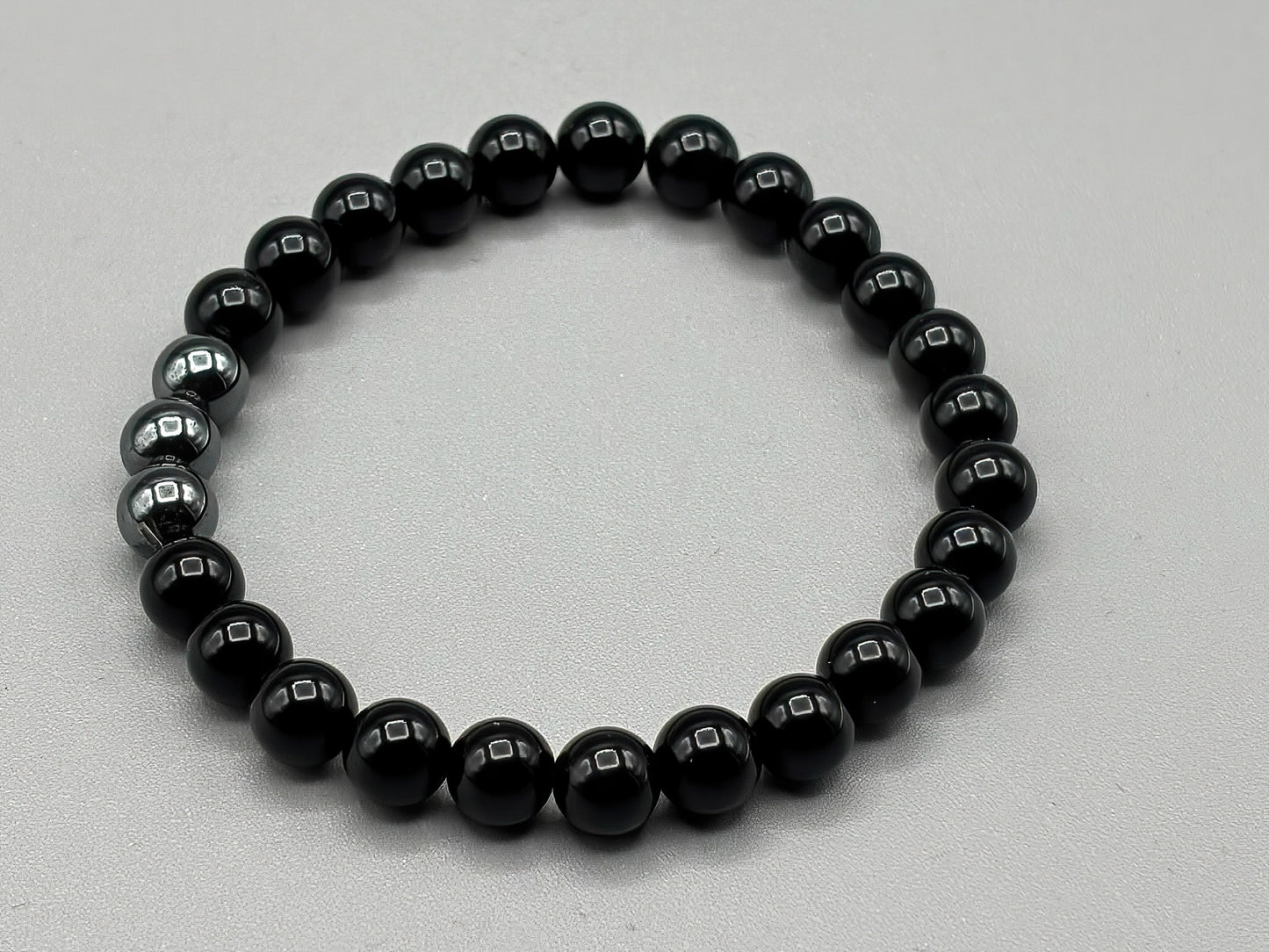7 3/4 inch Black agate and Hematite Beaded Bracelet