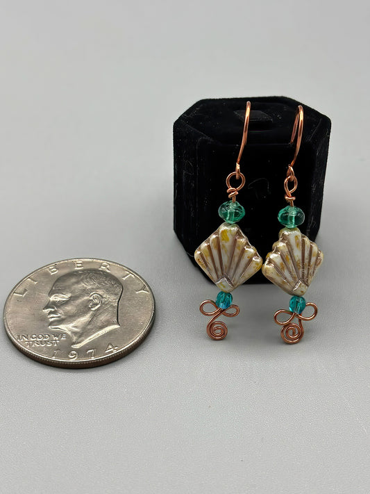 Cream and Teal Czech Glass Earrings in fine copper