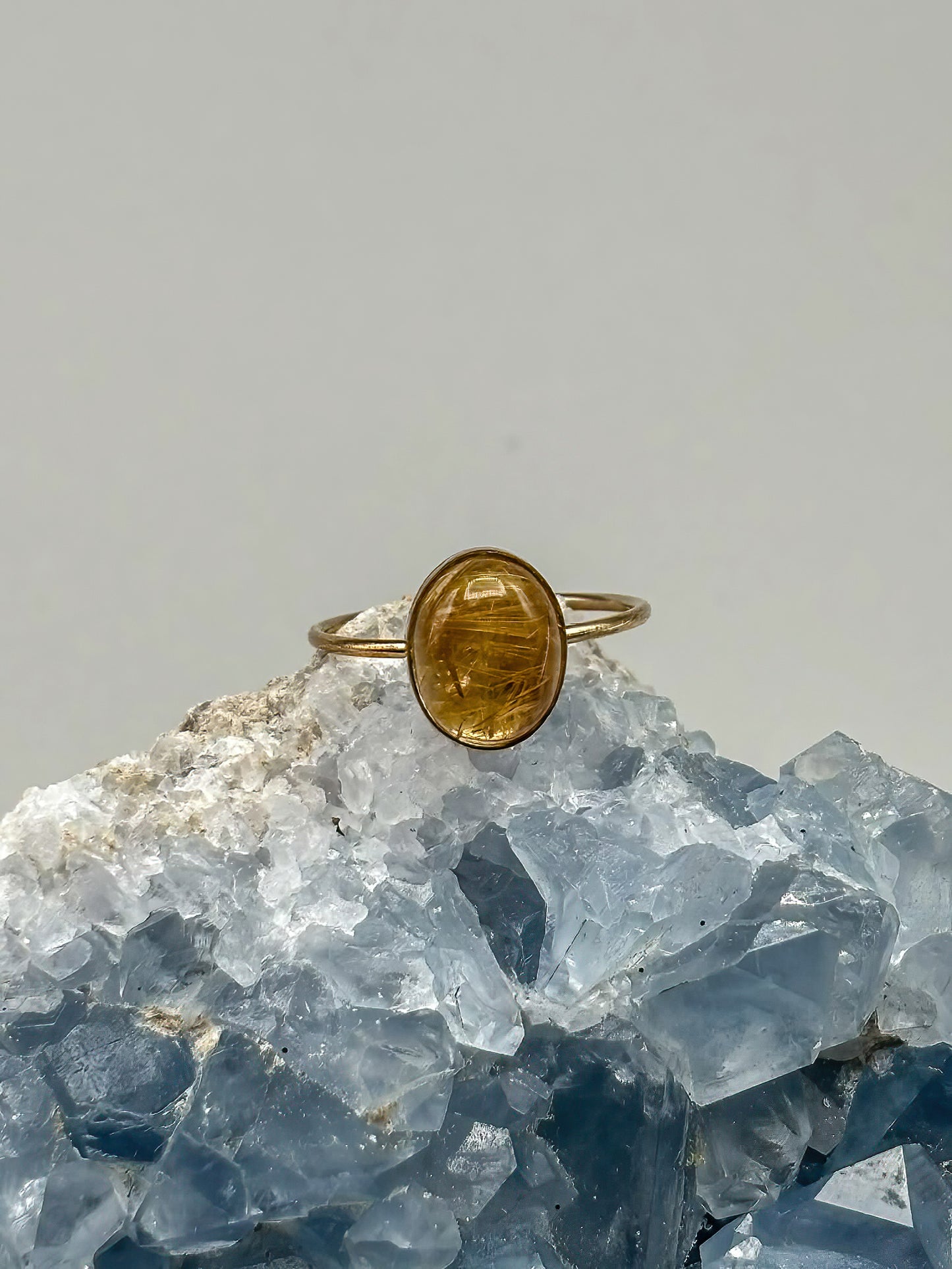14K gold filled ring set with Rutilated Quartz Cabochon, Size 6