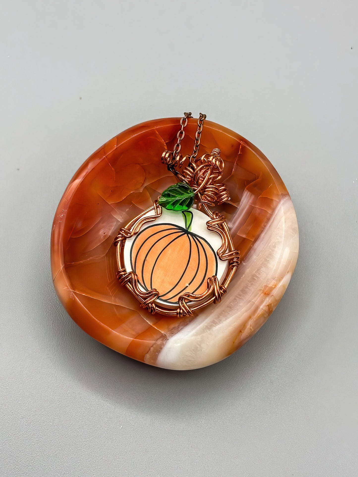 Porcelain Pumpkin with Czech Glass accent wrapped in Fine Copper, includes copper chain