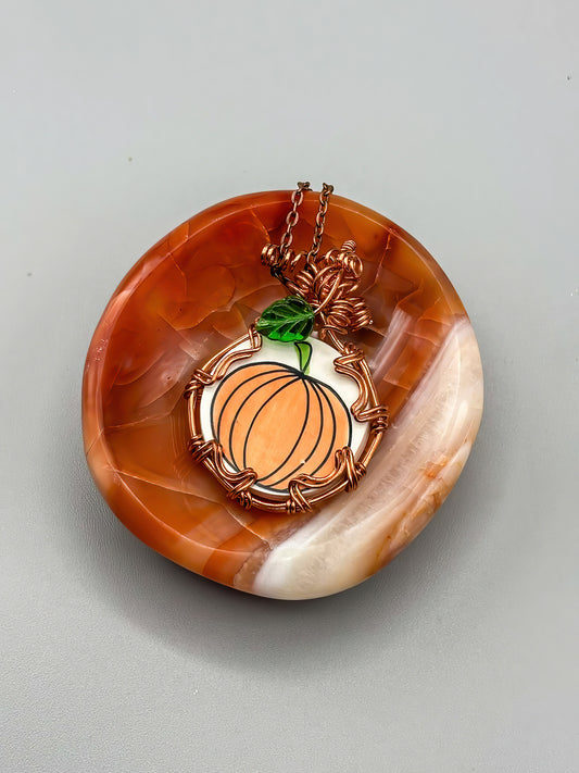 Porcelain Pumpkin with Czech Glass accent wrapped in Fine Copper, includes copper chain