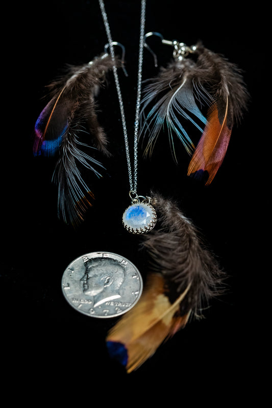 Pheasant feathers and moonstone set in sterling silver