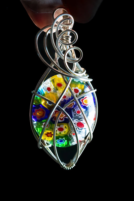 Multi color Millefiori Glass in Sterling Silver
