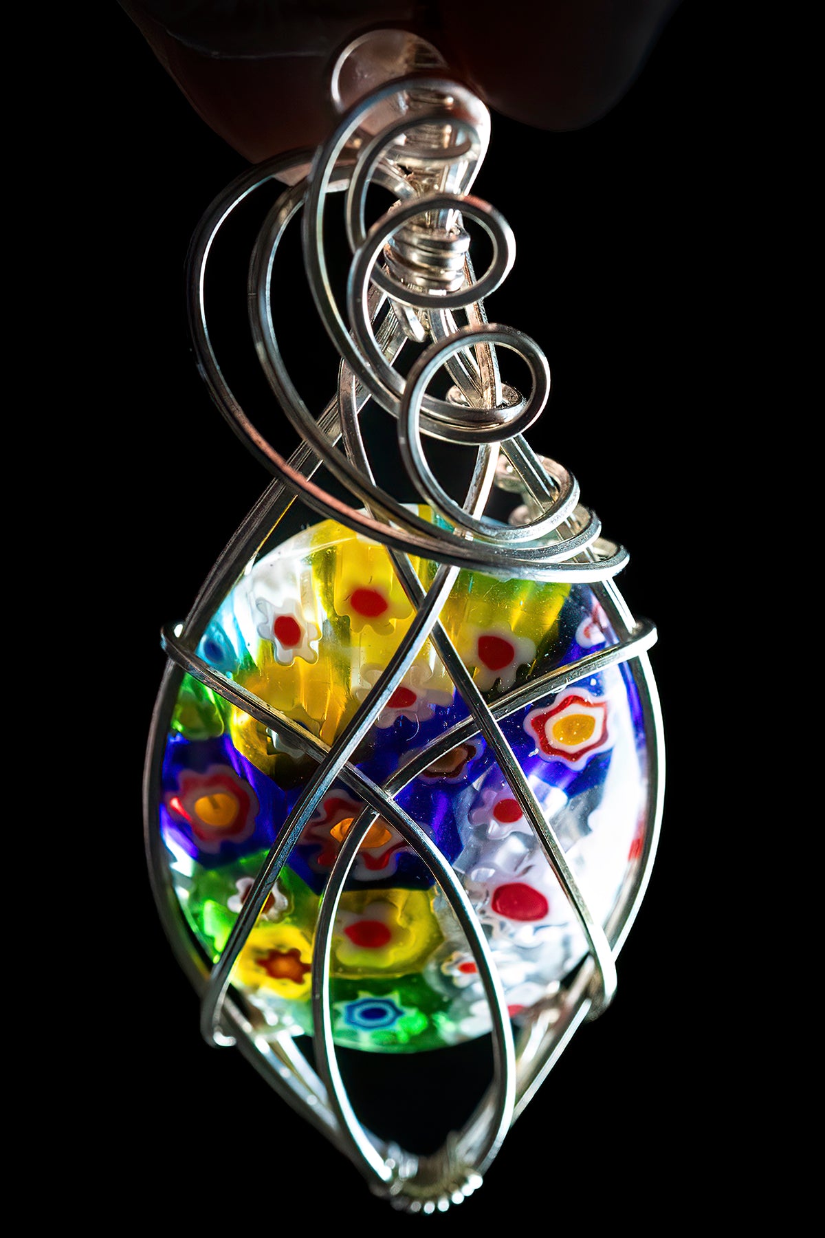 Multi color Millefiori Glass in Sterling Silver