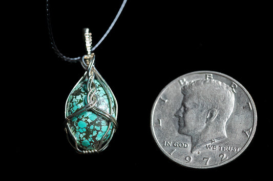 Minimalist Silver Wrapped Pendant with Tibetan Turquoise