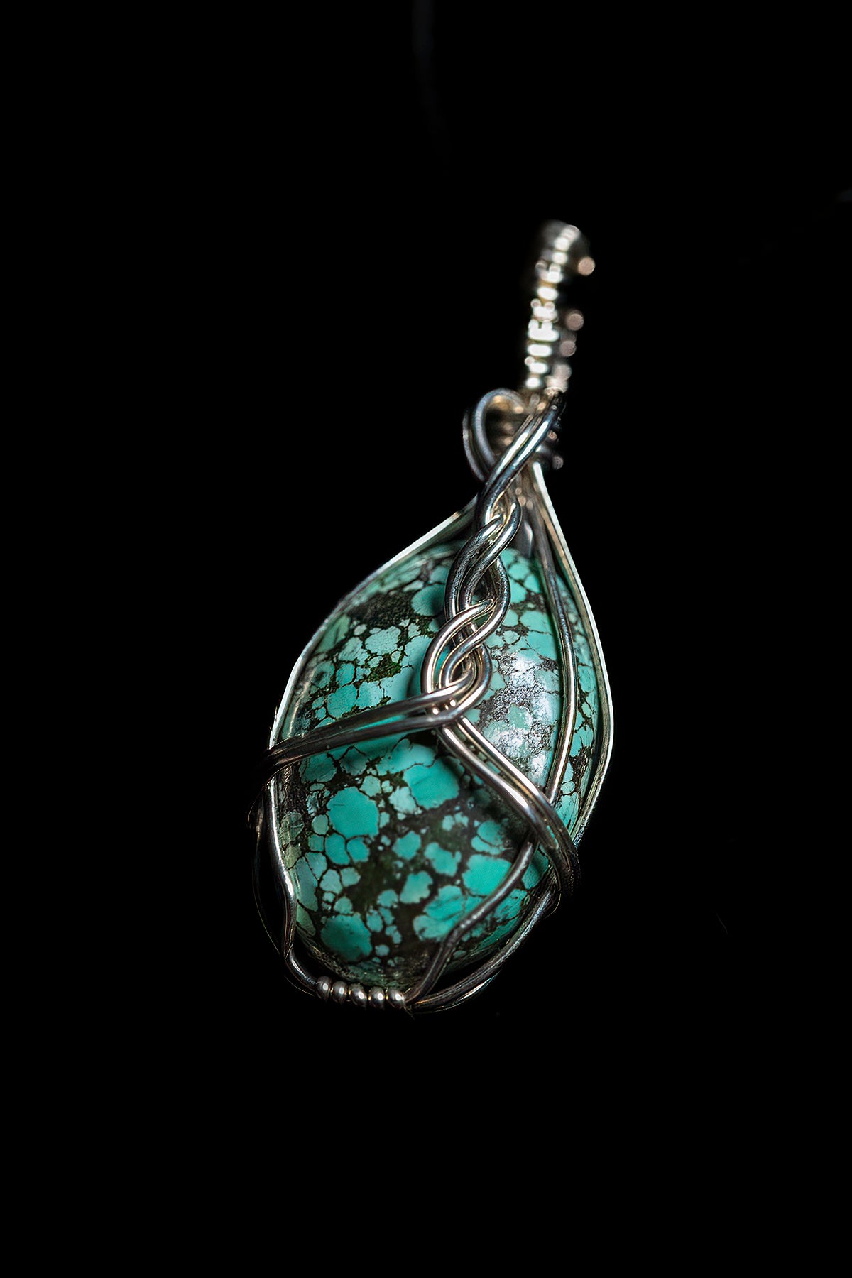 Minimalist Silver Wrapped Pendant with Tibetan Turquoise