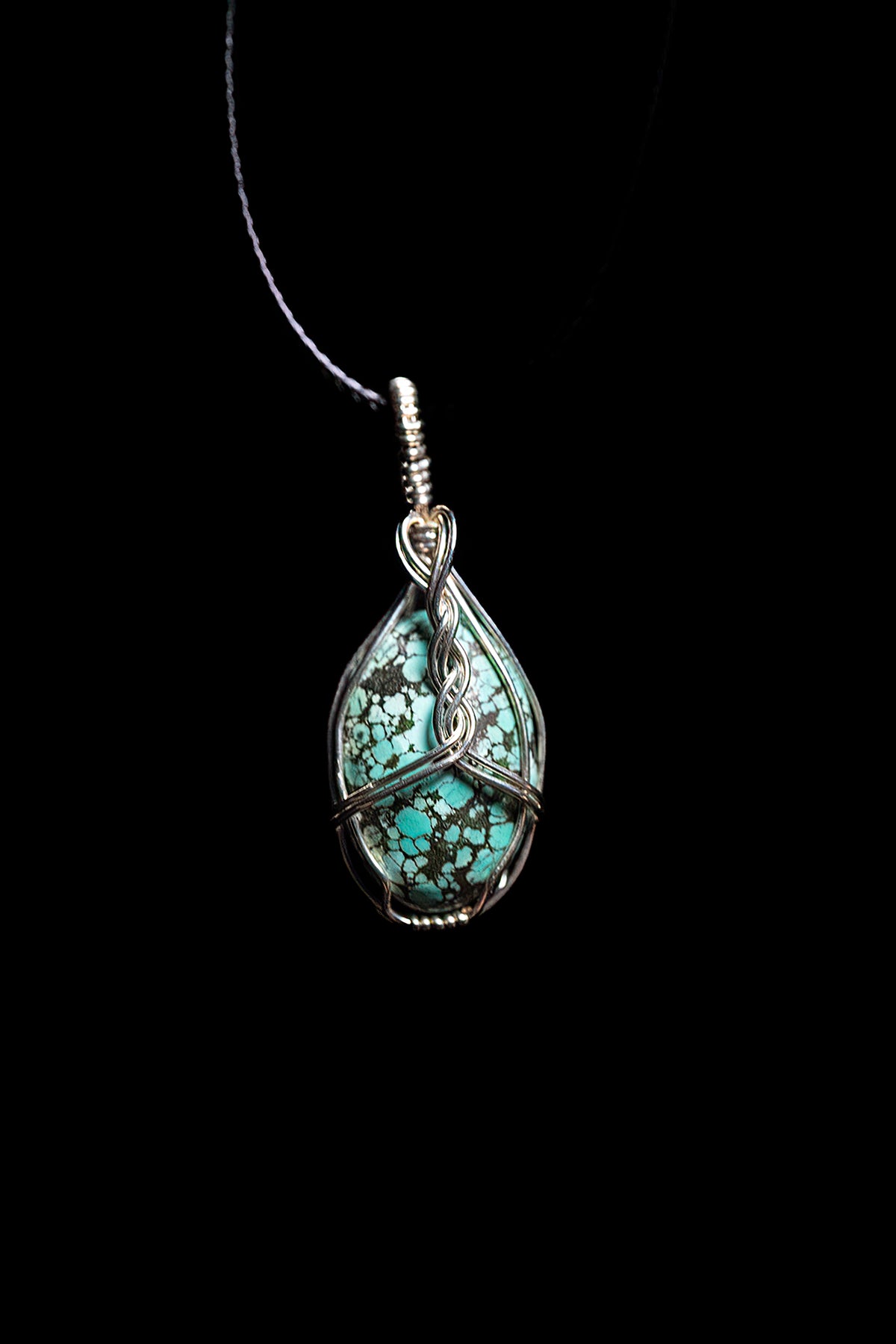 Minimalist Silver Wrapped Pendant with Tibetan Turquoise